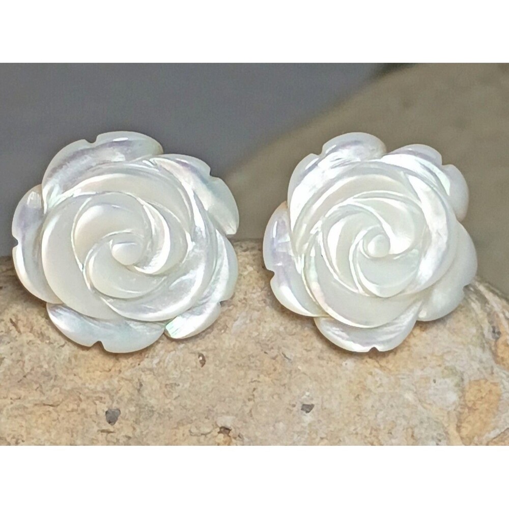 Vintage Hand Carved Mother of Pearl Flower Sterling Silver Earrings
